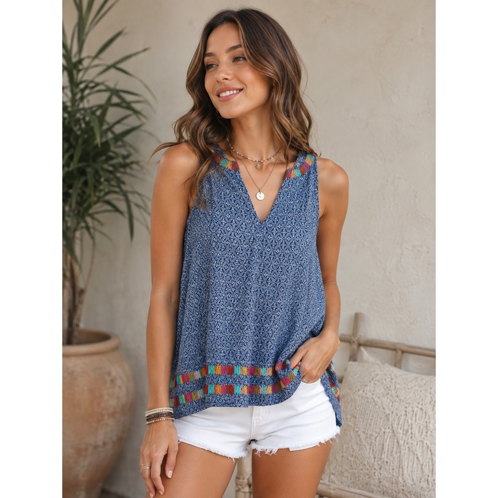 THML Blue Embroidered Sleeveless‎ Boho Resort Top Size XS